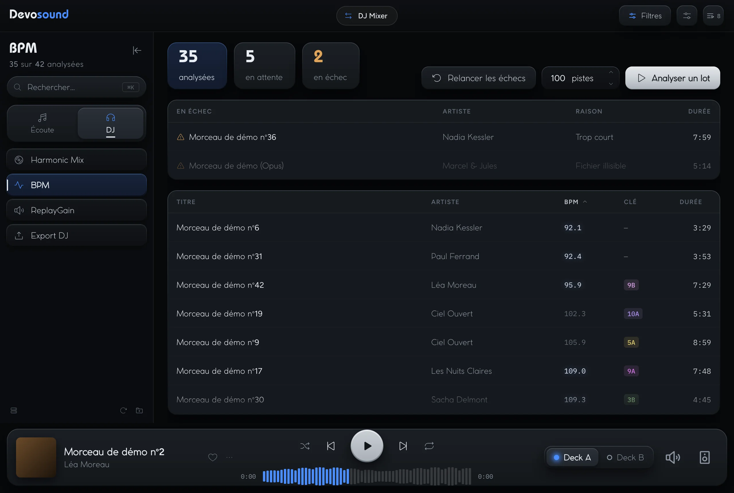BPM analysis view with tempo and Camelot key for each track