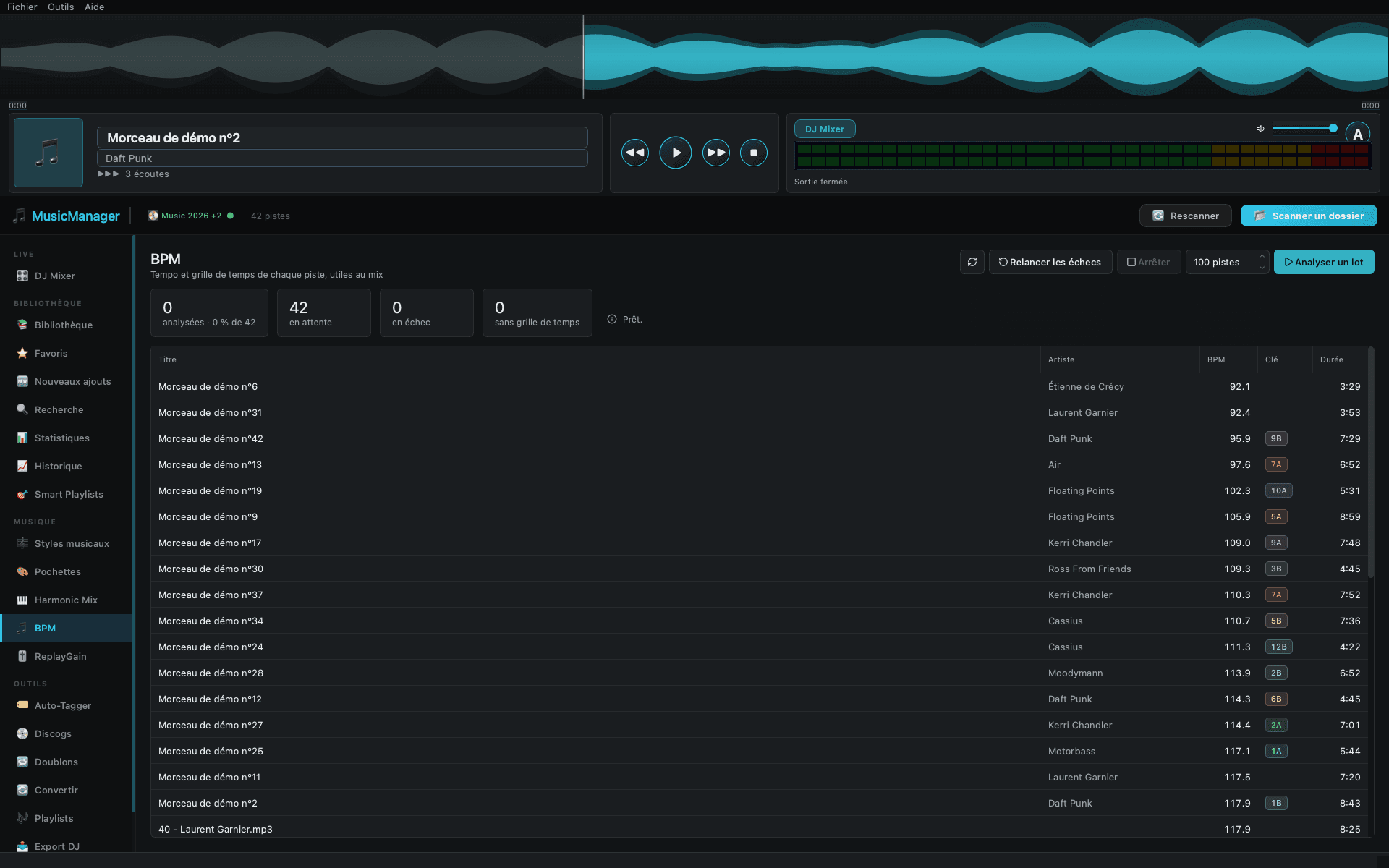 BPM analysis view with tempo and Camelot key for each track