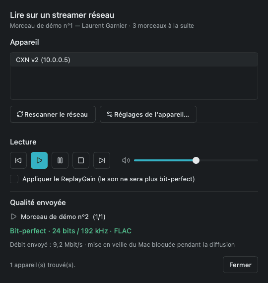 Play on a network streamer dialog showing Bit-perfect, 24-bit / 192 kHz, FLAC