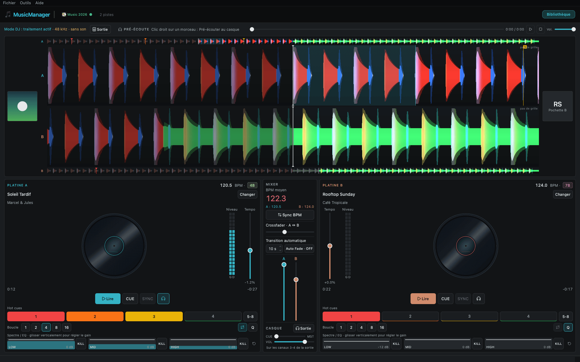 DJ Mixer with two loaded decks and stacked color waveforms