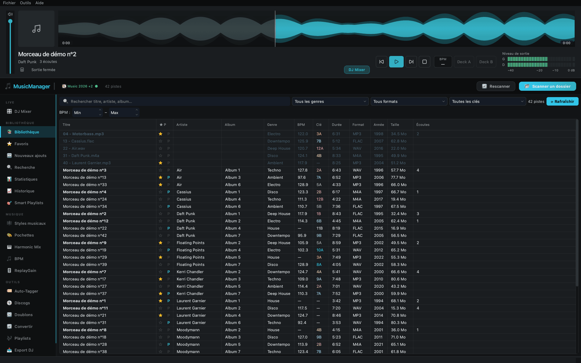 Player with waveform, transport controls and output level meter